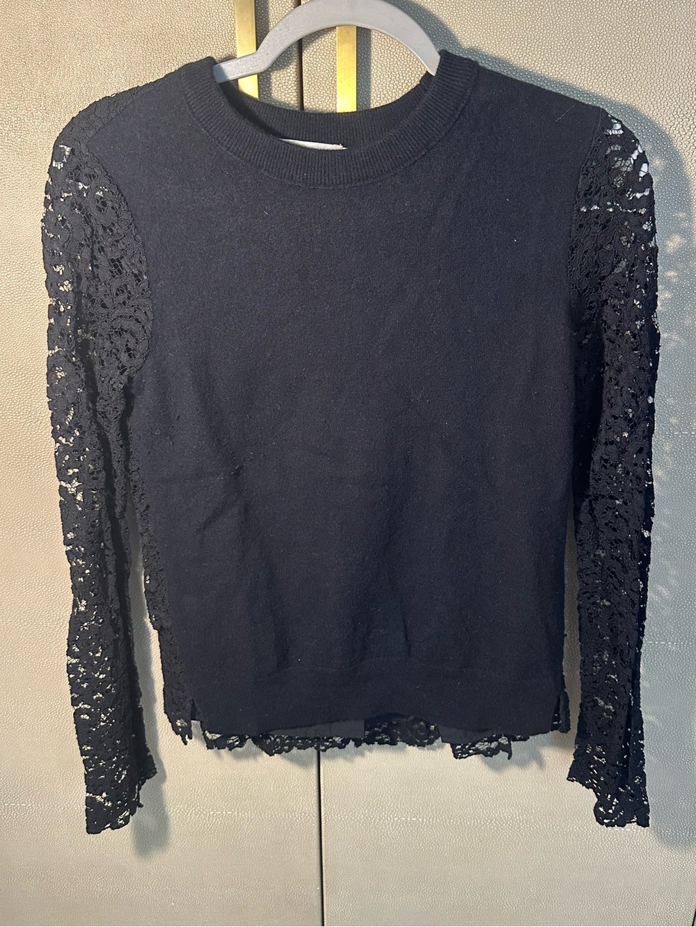 Tory Burch Black Crewneck Sweater with Lace Sleeves